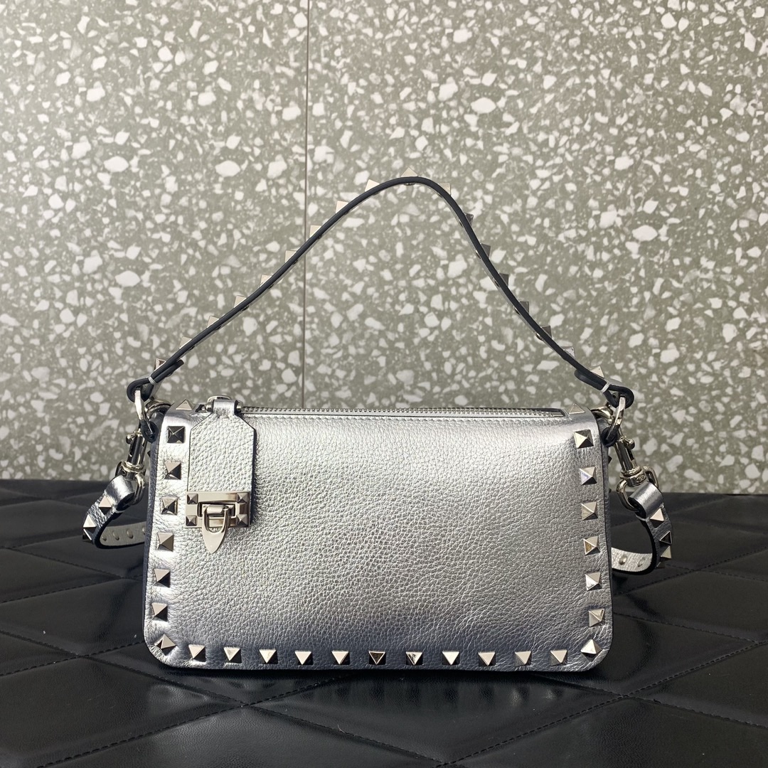 Valentino Garavani Rockstud Small Crossbody Bag in Silver Grainy Calfskin